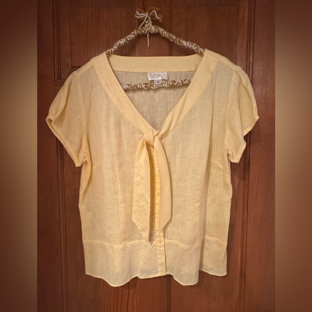 LOFT Yellow Flutter Sleeve Tie Front Blouse